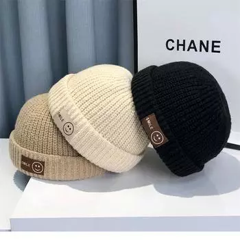 Шапка из шерсти с нашивкой в виде смайлика, женская осенне-зимняя холодная шапка, модная брендовая вязаная шапка из меха дыни, хип-хоп, яппи, шляпа домовладельца, мужская чёрный