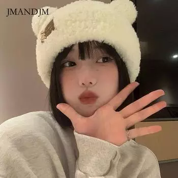 Шапка из шерсти с ушками медведя женская осенне-зимняя плюшевая утолщенная вязаная шапка корейской версии симпатичная нишевая холодная шапка женская зимняя