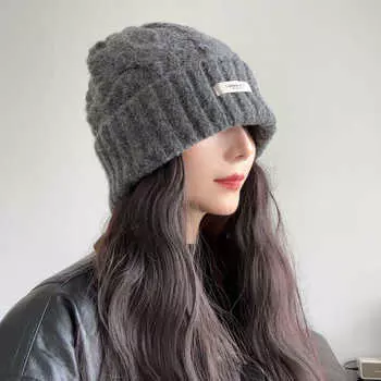 Шапка из шерсти в стиле ретро, женская, осенне-зимняя, утолщенная, теплая, вязаная шапка, свободная, большая окружность головы, защитные наушники, холодная шапка, показывающая маленькое лицо M54-59cm бежевый