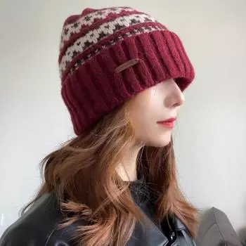 Шапка из шерстяной смеси, женская, осенне-зимняя, холодная и теплая, утолщенная, ретро-модная, жаккардовая, вязаная, пуловерная шапка M55-59cm