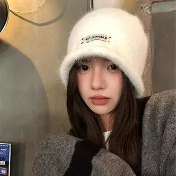 Шапка из шерстяной ткани с галстуком, женская, осенне-зимняя, милая и симпатичная, плюшевая, ворсистая, большая окружность головы, теплая, с защитой от ушей, холодная шапка M56-58cm белый