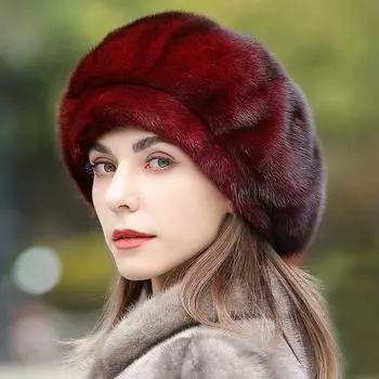 Шапка из соболя женская зимняя новая теплая из меха норки, берет из цельной норки, зимняя меховая шапка для мам среднего и пожилого возраста Джокер. M56-58cm чёрный