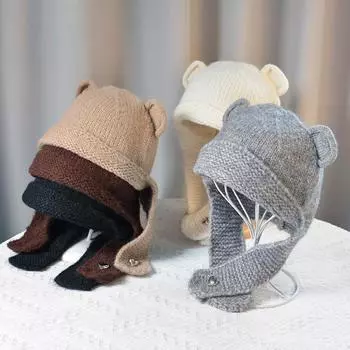 Шапка из вязаной шерсти с медведем, теплая, осенне-зимняя, женская, для улицы, с защитой от холода и ушей, с рукавами хаки