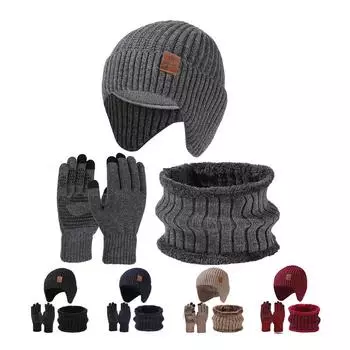 Шапка из высокоэластичной шерсти, теплая шапка, комплект из шарфа, перчаток, комплект из трех предметов, мужская зимняя вязаная шапка для защиты ушей темно-синий