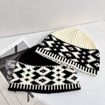 Шапка из жаккардовой шерсти в стиле ретро, универсальная защитная шапка для ушей, сумка-мешок, шапка для рыбалки, для мужчин и женщин, теплая осенне-зимняя шапка для улицы M56-58cm чёрный