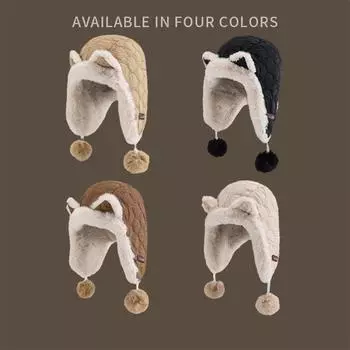 Шапка Lei Feng с лисьими ушками, женская зимняя, утолщенная, флисовая, теплая, защитная шапка для ушей, северо-восточная, для езды на велосипеде, ветрозащитная, плюшевая шапка one size fits all чёрный