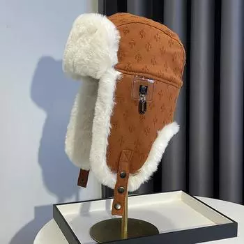 Шапка Lei Feng, женская, осенне-зимняя, корейская версия, модная, универсальная, плюшевая, утолщенная, теплая, для защиты ушей, лыжная, летная шапка 56-59cm чёрный