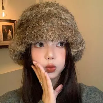 Шапка Мао Мао женская осенне-зимняя большая окружность головы теплая вязаная шерстяная шапка из кроличьей шерсти с изображением маленького лица защита ушей плюшевая панама one size fits all коричневый