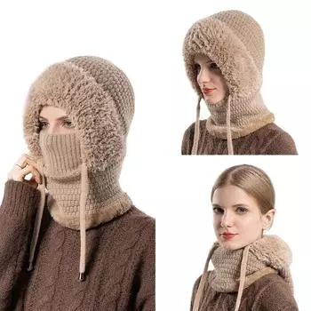 Шапка-маска Шарф Цельная кепка с рукавами Женская термовязаная шерстяная кепка на флисовой подкладке average size розовый