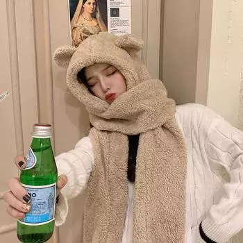 Шапка-медведь для детей, милый зимний плюшевый шарф, перчатки, комплект из 3 предметов с капюшоном, защита одного уха, ветрозащитный и теплый