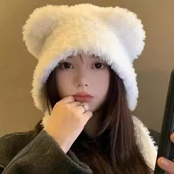 Шапка-медведь плюшевая женская осень и зима 2024 года, новая милая и симпатичная корейская версия универсальной шапки-ушанки с ушками, открывающей лицо, для студента M56-58cm белый