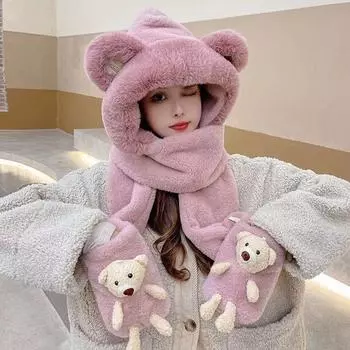 Шапка-медведь женская зимняя шарф перчатки комплект из трех предметов имитация меха розового кролика утолщенная теплая плюшевая шапка милая