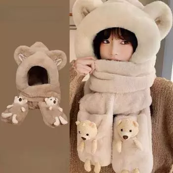 Шапка-медведь Зима Осень Зима Милые перчатки Шарф Плюшевый теплый комплект из трех предметов Нагрудник с капюшоном Защита ушей