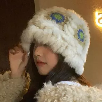 Шапка-мешок из кроличьей шерсти, женская, осенне-зимняя, симпатичная, теплая, плюшевая, универсальная, маленькая, пушистая, с тазиком Average Size [Cap Circle: 56-60cm]