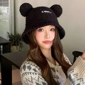 Шапка Милая Медвежья Ушка Плюшевая Шапка-Панка Зимняя Универсальная Теплая Маленькая Панама average size