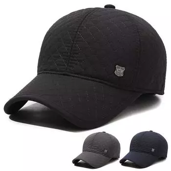 Шапка мужская холодная теплая бейсболка вышитый ромб в пожилом возрасте кепка модная зимняя шапка с ушками Adjustable тёмно-синий