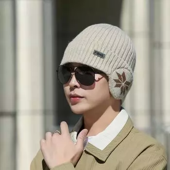 Шапка мужская зимняя универсальная модная вязаная шерстяная шапка повседневная мужская удлиненная защитная флисовая теплая хлопковая шапка One size хаки