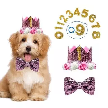 Шапка на день рождения для собак Галстук-бабочка Товары на день рождения для собак и кошек Набор из 3 предметов Шапка на день рождения Шапка на день рождения для домашних животных Корона с номером Корона сверкающая