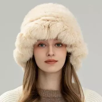 Шапка-облако из натуральной кроличьей шерсти, плюшевая женская осенне-зимняя теплая защитная шапка для лица, маленькая меховая вязаная шапка-ведро для бассейна One Size(55-60cm) серый