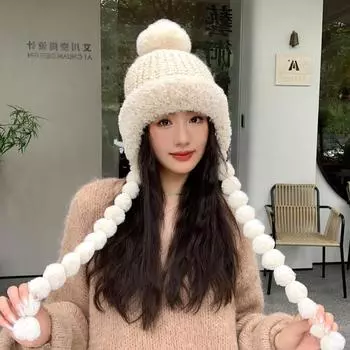 Шапка однотонная засахаренная тыква косичка вязаная шерстяная шапка зимняя теплая утолщенная шапка с ушками Tide One Size