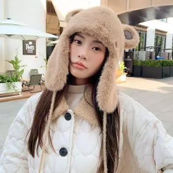 Шапка осенне-зимняя кошачьи ушки с двумя шариками Lei Feng, женская ветрозащитная шапка для верховой езды, защитная шапка для ушей, флисовая утолщенная, милая, милая шапка-пуловер M56-58cm