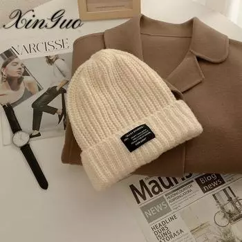 Шапка осенне-зимняя универсальная большая по окружности головы холодная шапка теплая толстая вязаная шапка для мужчин и женщин One Size белый