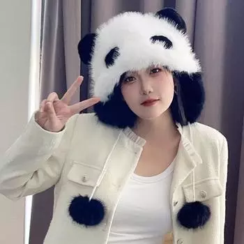 Шапка-панда из искусственного меха лисы, закрывающая уши, плюшевая шапка Lei Feng, сохраняющая тепло зимой, симпатичная плюшевая утолщенная женская лыжная шапка