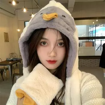 Шапка пингвина милая женская универсальная осенне-зимняя шарф интегрированный теплый шарф из трех частей модный M56-58cm хаки