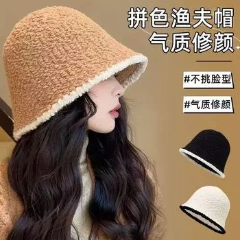 Шапка плюшевая панама черная вязаная шапка осень и зима корейская версия большая окружность головы панама японская универсальная с изображением маленького лица бежевый