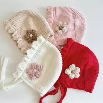 Шапка принцессы с цветочным узором и оборками ручной работы, осенне-зимняя детская шерстяная шапка, детская вязаная шапка, зимняя детская защитная шапка для ушей Suitable for about 6-36 months (45-50cm) белый