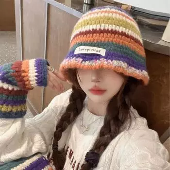 Шапка ручной работы из цветной шерсти, связанная крючком, теплая вязаная шапка рыбака, полосатая сумка-перчатка, комплект из трех предметов, шапка для родителей и детей Parent child hat