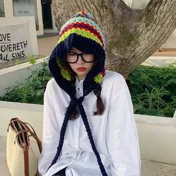 Шапка ручной работы из шерсти в этническом стиле, защитные наушники, радужная вязаная шапка, подборка фотографий из путешествий, креативная и забавная шляпа ведьмы one size fits all тёмно-синий