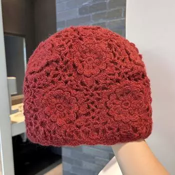 Шапка ручной работы крючком полая вязаная женская осенне-зимняя универсальная бордовая шерстяная шапка большая окружность головы показывающая лицо маленькая шапочка average size 54-59cm кирпич красный
