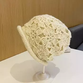 Шапка ручной работы крючком женская осенне-зимняя универсальная теплая мягкая цветочная шапка-пуловер двухслойная вязаная шерстяная шапка головной убор average size (56-60cm) чёрный