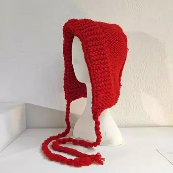 Шапка ручной вязки с защитой ушей, новый дизайн, завязывающаяся, пуловер, шапка-бини, зимняя, Y2k, вязаная шапка, женская красный