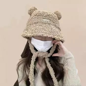 Шапка рыбака с плюшевым медведем для детей, осень и зима, новые ремни, милое и симпатичное лицо, маленькое круглое лицо, подходит для умывальника M56-58cm чёрный