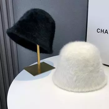 Шапка рыбака женская зимняя 2024 Новая шляпа-ведро, закрывающая лицо, с чистым внешним видом и теплым темпераментом Шапка-мешок из плюша кролика 56-58cm розовый