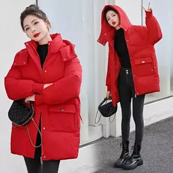 Шапка Съемный пуховик Женская зимняя длинная свободная мягкая модная хлопковая куртка M чёрный