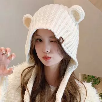 Шапка с изображением медвежонка, женская осенне-зимняя шерстяная шапка, теплая вязаная шапка с защитой ушей, лыжная шапка, шапочки с черепами, кепка с рукавами бежевый