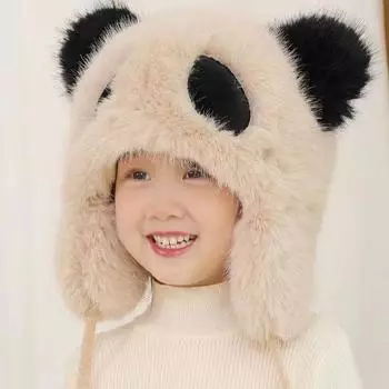 Шапка с изображением панды, милая мультяшная защита ушей, плюшевая, теплая, Lei Feng, большая окружность головы, ветрозащитная шапка, зимняя average size белый