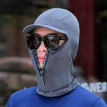 Шапка с капюшоном, унисекс, защита шеи, однотонная шапка-бини, вязаная осенняя шапка, теплая шапка-шарф на молнии