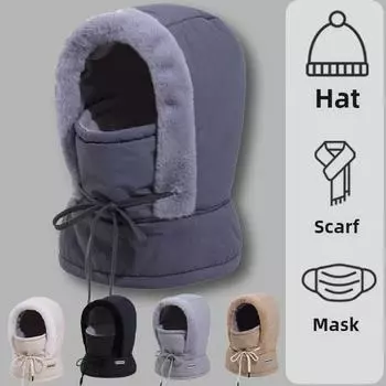 Шапка с капюшоном Winter Plus Velvet и утепленным капюшоном с защитой от холода и теплым воротником. Зимняя шапка. Вязаная шапка для велоспорта. One size чёрный