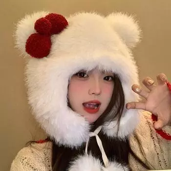 Шапка с кошачьими ушками для холодной погоды, плюшевая шапка с бантом для девочек, пушистая женская ветрозащитная шапка с ушами, повседневные шапки для активного отдыха
