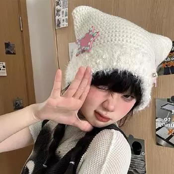 Шапка с кошачьими ушками и звездами Y2K, шапка-бини для милых девочек, модная меховая шапка с черепом, женский пуловер, зимняя повседневная шапка, головные уборы чёрный