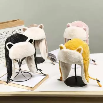 Шапка с кошачьими ушками женская симпатичная осенне-зимняя велосипедная ветрозащитная шапка зимняя детская холодная теплая хлопковая шапка M56-58cm жёлтый