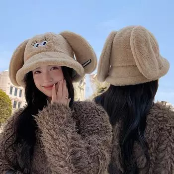 Шапка с кроличьими ушками, женская плюшевая рыболовная шапка-ведро, теплая защитная шапка для ушей белый