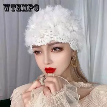 Шапка с кроликом, женская осенне-зимняя шерстяная меховая шапка ручной работы, корейская версия, теплая вязаная шапка Wild Bag, прилив серый