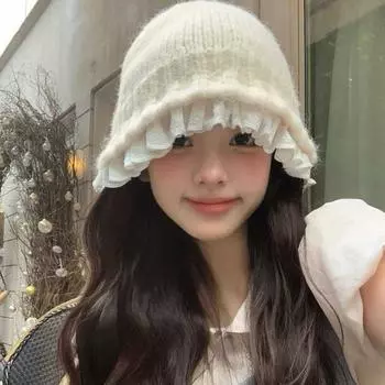 Шапка с ленивым ветром, женская милая кружевная вязаная шерстяная шапка, показывающая маленькое лицо, теплая универсальная шапка-горшок One Size
