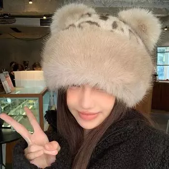 Шапка с леопардовым принтом и медвежьими ушками, женская, осенне-зимняя, ретро, универсальная, утепленная, с защитой от холода, теплая шапка M56-58cm хаки