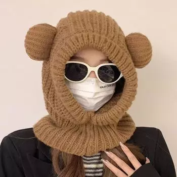 Шапка с медвежьими ушками, шарф, интегрированная шапка, женская зимняя универсальная защитная шапка-балаклава, вязаная шерстяная шапка Tide чёрный